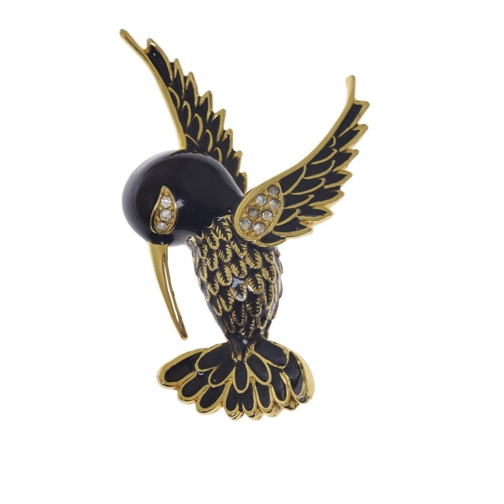Black Enamel Gold Metal Rhinestone Hummingbird Pin 2 1/4" Marked 11198